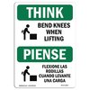 Signmission OSHA THINK Sign, Bend Knees When Lifting Bilingual, 24in X 18in Decal, 18" W, 24" L, Landscape OS-TS-D-1824-L-11807
